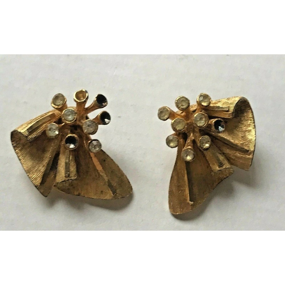 Vintage‎ Signed BSK Earrings Clip On Gold Tone Abstract Cluster *Flaw